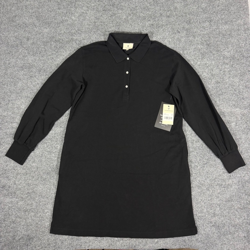Tuckernuck Polo Dress Long Sleeve Pique Knit Women Size M Black Cotton NEW NWT